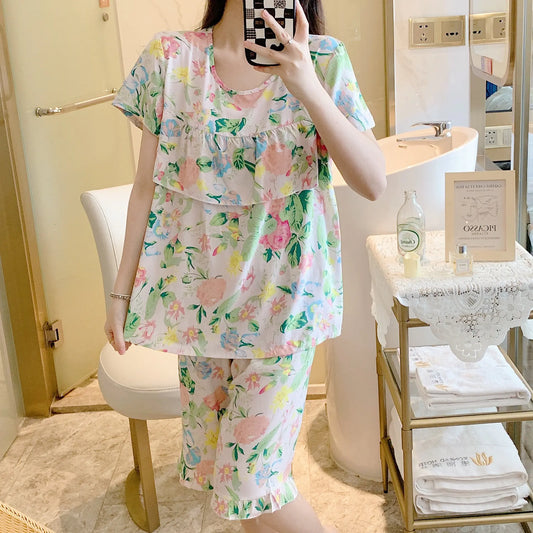 Summer Women's Short Sleeve Cotton Pajamas Set