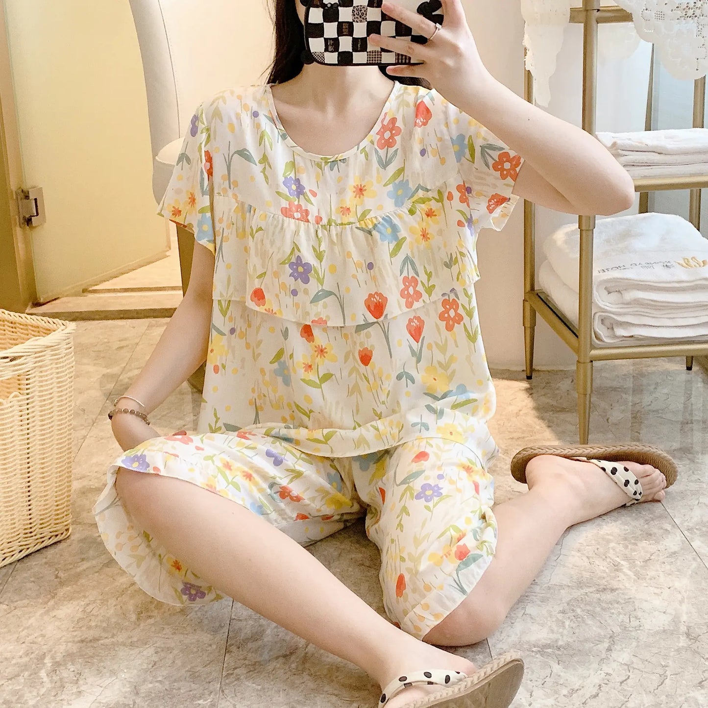 Summer Women's Short Sleeve Cotton Pajamas Set