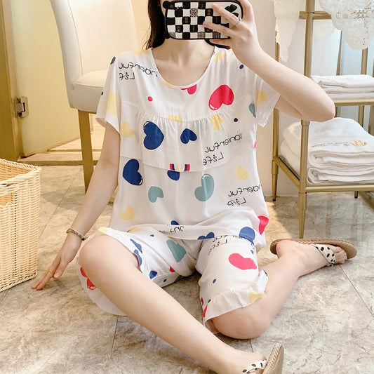 Summer Women's Short Sleeve Cotton Pajamas Set
